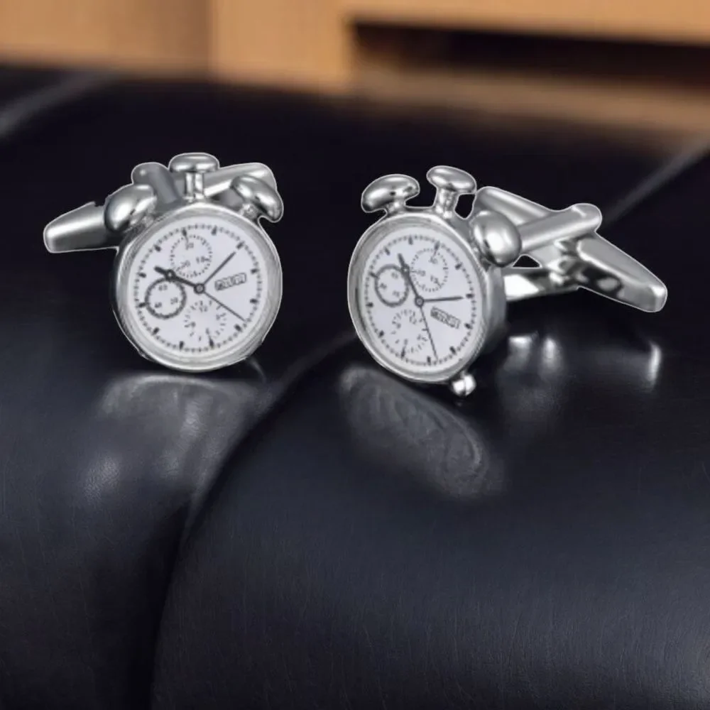 Vintage Alarm Clock Cufflinks Analog Twin Bell Silver Novelty Chronograph Formal